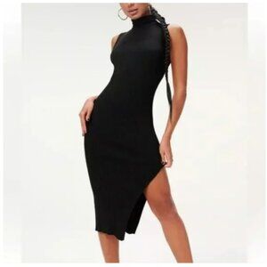 Good American Plaited Sleeveless Rib MIDI Dress, Size 1/2 - Black
